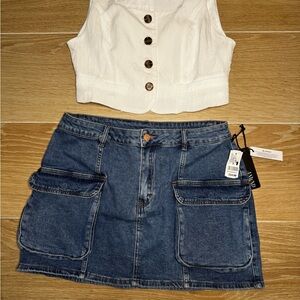 White Button-Up Crop Top and Denim Skirt Set
